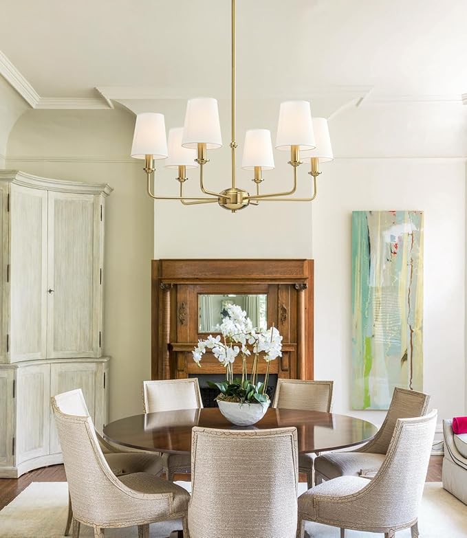 6-Light Brushed Gold Pendant Chandelier with Fabric Shades, E12 Base - Farmhouse & Industrial Style for Kitchen, Living Room, Dining Room, or Bedroom Lighting