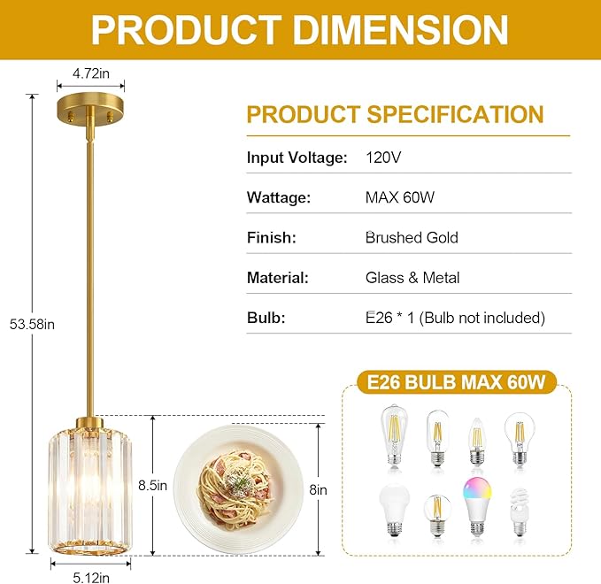 MQMQA 3 Pack 18"-53" Height Adjustable Brushed Brass Gold Pendant Lights Kitchen Island, Modern Crystal Chandelier Kitchen Pendant Lighting Over Island, Hanging Mini Light Fixtures for Dining Room