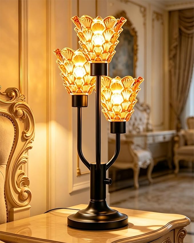 Glass Vintage Table Lamp Dimmable Nightstand Lamp Mid Century Modern Black Desk Lamp Brown Glass 3 Bulbs Included Warmwhite Ambient Bedside Lamps for Living Room Bedroom Office Home Decor