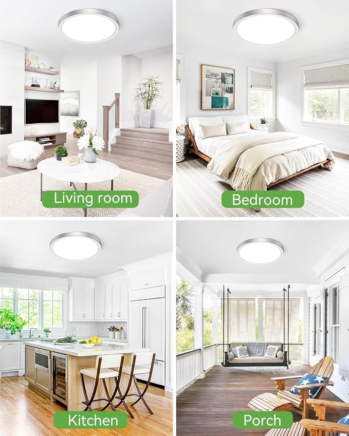 zemty LED Ceiling Light Brushed Nickel - 12In 28W Silver Round Flat Light Fixture with 3 Color Temperature 3000K/4500K/6000K - 3200lm Flush Mount Ceiling Light for Kitchen Bathroom Shower,6 Pack