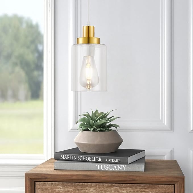 Industrial Pendant Lighting, Modern Clear Glass Shade Pendant Lights, Adjustable Hanging Light Fixtures, Farmhouse Pendant Lighting for Kitchen Island Living Room Bedroom Hallway 3-Pack (Gold)