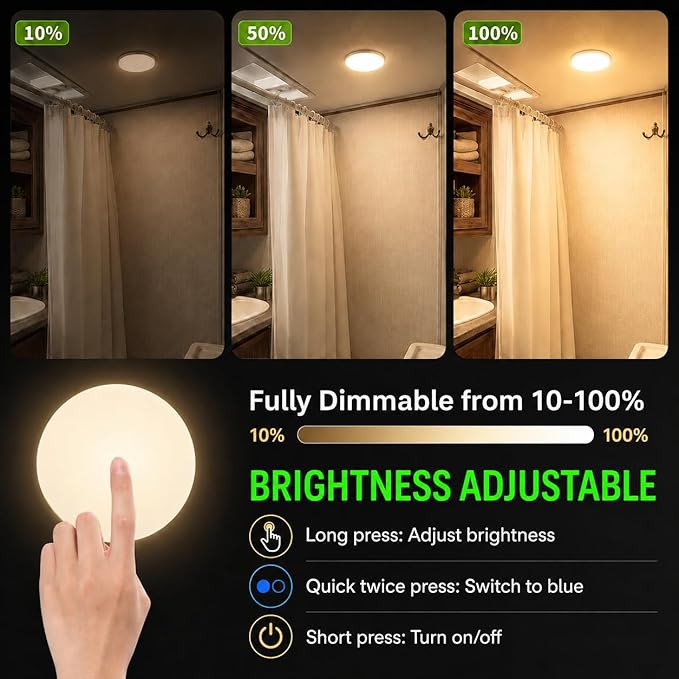 RV Puck Light 5Inch, Dimmable RV Light Fixture 12V, Camper Interior Light with Inbuilt Dimmer Switch, RV Ceiling Light for Boat Camper Trailer Car(Dimmable Warm White& Blue Nightlight, 6PCS)