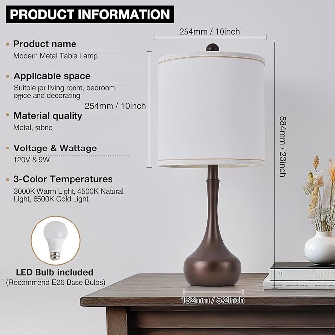 23" Farmhouse Table Lamp Set of 2, Brown Metal Modern Bedside Lamps for Living Room, 3 Color Temperature Rustic Table Lamps for Bedroom, Night Stands, Dorm,Office, Home Décor (Bulb Included)