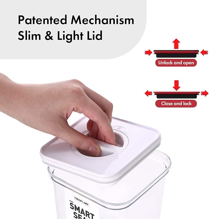 Neoflam Smart Seal 4pc Rectangular Extra Large Airtight Kitchen Pantry Canister/Organizer Clear Plastic Storage Container Set, Simple Twist Lid, 100% Leak Proof, Dishwasher Safe, BPA Free, White