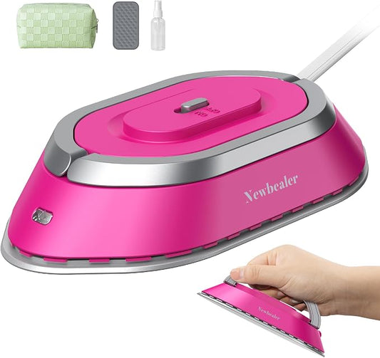 Newbealer Travel Iron Set, 100-240V Mini Dry Iron for Clothes (No Steam) | Max 300W, Heats in 60s, 302℉ Ceramic Soleplate, Handy Heat Press, 0.8lbs Lightweight for Quick Touch-ups Worldwide (Hotpink)