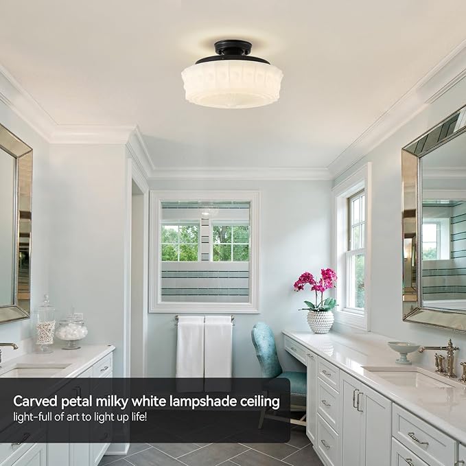 youngrender 14" Milk Glass Schoolhouse Light Fixture, Vintage Black Flush Mount Ceiling Light,Mid Century Schoolhouse Ceiling Light for Bedroom Kitchen Hallway Entryway Foyer