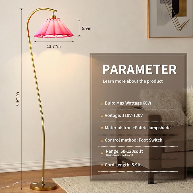 Floor Lamp with Pleated Linen Lampshade, Modern Flower Floor Lamp for Living Room Arc Standing Lamp, Gold Tall Lamp for Bedroom Office Dining Room, Bulb Included (Gold + Pink Color, 66.1IN)
