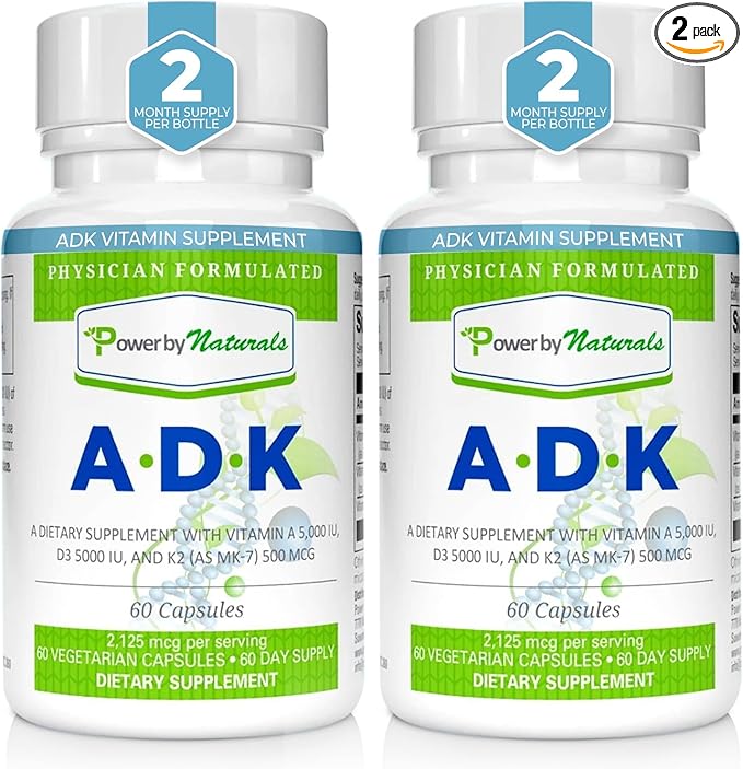 Power By Naturals Complément de Vitamines ADK – Mélange Hautement Dosé de Vitamines A, D3 5000 UI et K2 MK7 pour la Santé Osseuse – Complément de Vitamines A D K – 60 Gélules (2 Mois d'Approvisionnement)