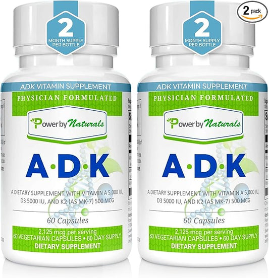 Power By Naturals Complément de Vitamines ADK – Mélange Hautement Dosé de Vitamines A, D3 5000 UI et K2 MK7 pour la Santé Osseuse – Complément de Vitamines A D K – 60 Gélules (2 Mois d'Approvisionnement)