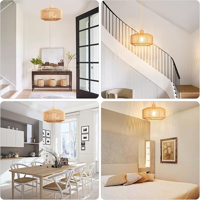 Qingmiao Boho Plug in Pendant Light, Rattan Hanging Lamp Plug in with Woven Shade, 3-Way Dimmable Hanging Light Fixture for Living Room Bedroom Kitchen Ceiling Farmhouse Home Decor