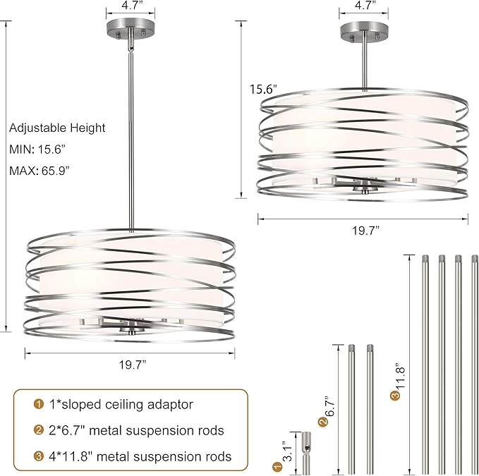 ACNKTZ 19.7'' Brushed Nickel Drum Chandeliers for Dining Room, 5-Lights Kitchen Chandeliers Over Table, Entryway Light Fixture Hanging, Industrial Round Chandelier for Living Room Stairwell Bedroom