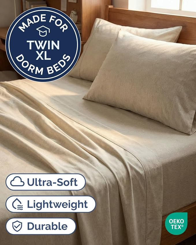 Twin XL 4 Piece Sheet Set - Comfy Breathable & Cooling - Soft Hotel Luxury Bedding Set w/ 8-16 Inch Deep Pockets - 1 Flat & 1 Fitted Sheet & 2 Pillowcases - Wrinkle Free & Easy Care - Heathered Beige