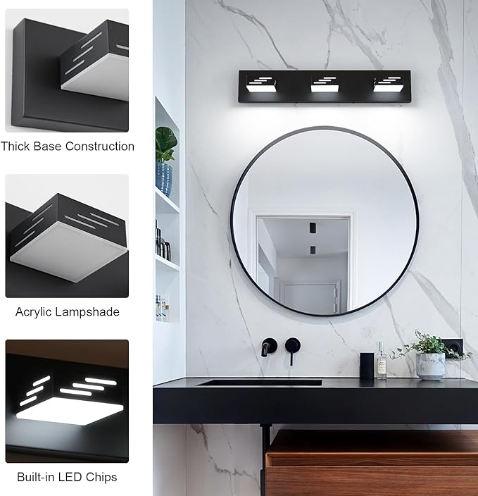 Joosenhouse Modern Black LED Vanity Light for Bathroom, 3-Light Makeup Mirror Light, 24W 6000K Cool White Lighting Fixture