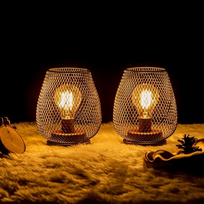 Set of 2 Rechargeable Lamp LED Table Lantern, Brown Metal Cage Cordless Lamps with LED Bulb，Vintage Decorative Outdoor Lantern for Weddings, Parties, Patio, Events for Indoors Shelf Decor