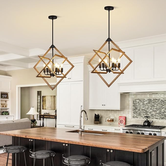 Modern Chandelier for Dining Room (24",6-Light), No Assembly Required Wood Grain Dining Room Light Fixture Over Table, Industrial Hanging Pendant Lights Fixture for Kitchen Island, Entryway, Foyer