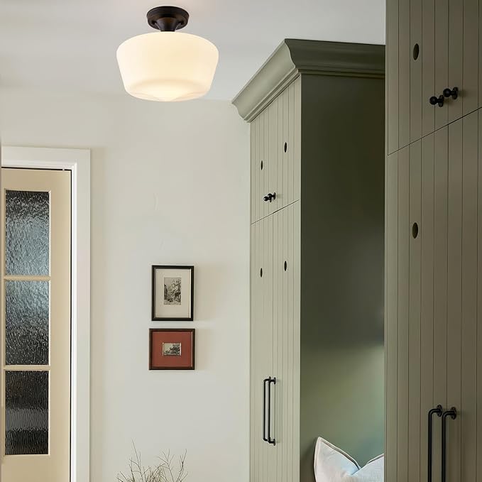 youngrender Semi Flush Mount Ceiling Light, Black Schoolhouse Milk Glass Light Fixture, Vintage Farmhouse Ceiling Light for Kitchen Hallway Entryway Bedroom Dining Room, E26