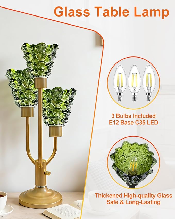 Mid Century Modern Vintage Table Lamp Dimmable Nightstand Lamp with Green Glass Gold Desk Lamp 3 Bulbs Included Warmwhite Ambient Bedside Lamps for Bedroom Living Room Office Home Decor