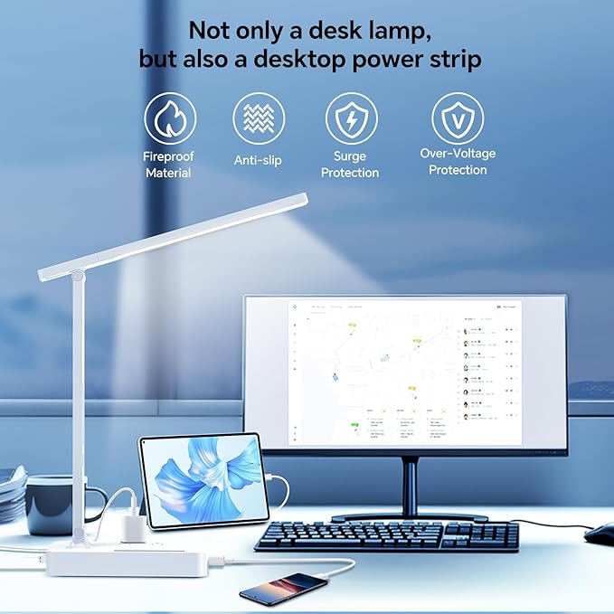Desk Lamp with USB Charging Port: Table Lamp with Power Strip, Charging Station - 2 Outlets 1 USB-A Ports 1 Type-C Ports, Surge Protection, 5ft Extension Cord, 5 Color Modes 5 Brightness (White)