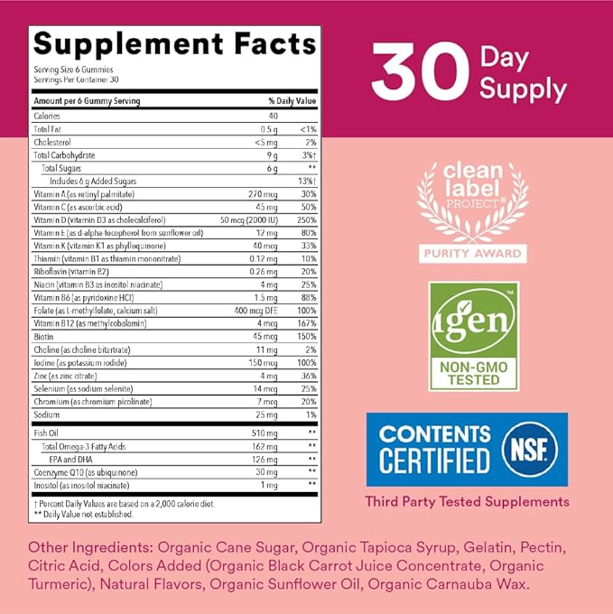 Gummies multivitaminées pour femmes SmartyPants : Huile de poisson Oméga 3 (EPA/DHA), Méthylfolate, CoQ10, Vitamine D3, C, Vitamine B12, B6, A, K & Zinc, Inositol, Sans gluten, (Pour 30 jours), 180 gommes (Lot de 2)