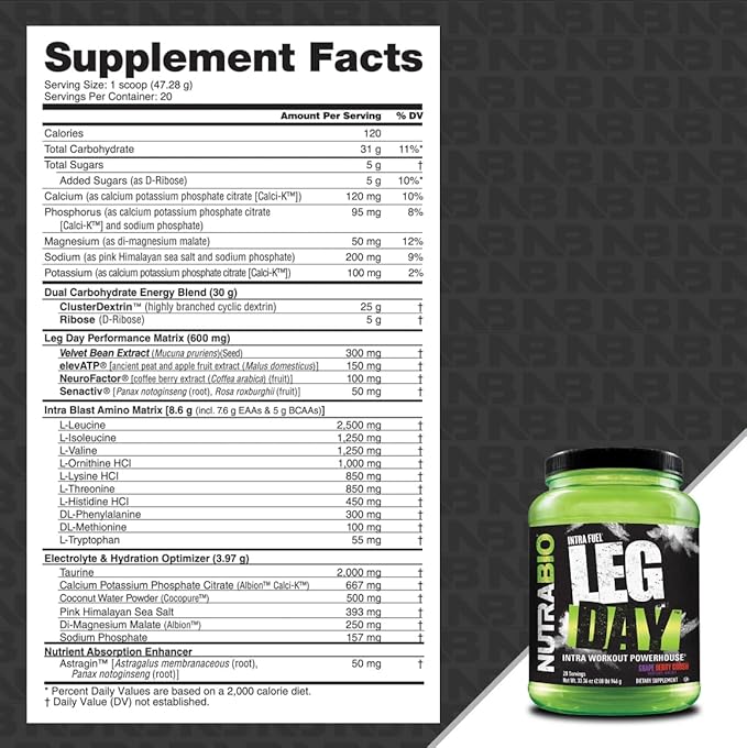 NutraBio Leg Day Intra Workout Powder – Advanced Carb Supplement with Cluster Dextrin & Electrolytes – Carb Powder with EAAs/BCAAs – Cyclic Dextrin for Performance – Grape Berry, 20 Servings