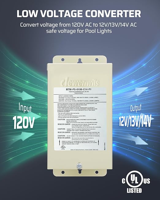 DEWENWILS 100W Pool Light Transformer, 120V AC to 12V/13V/14V AC, Multi-tap Low Voltage Transformer for Swimming Pool Lighting, Spa, Landscape & Fountain Lights, Outdoor Lighting Products, UL Listed…