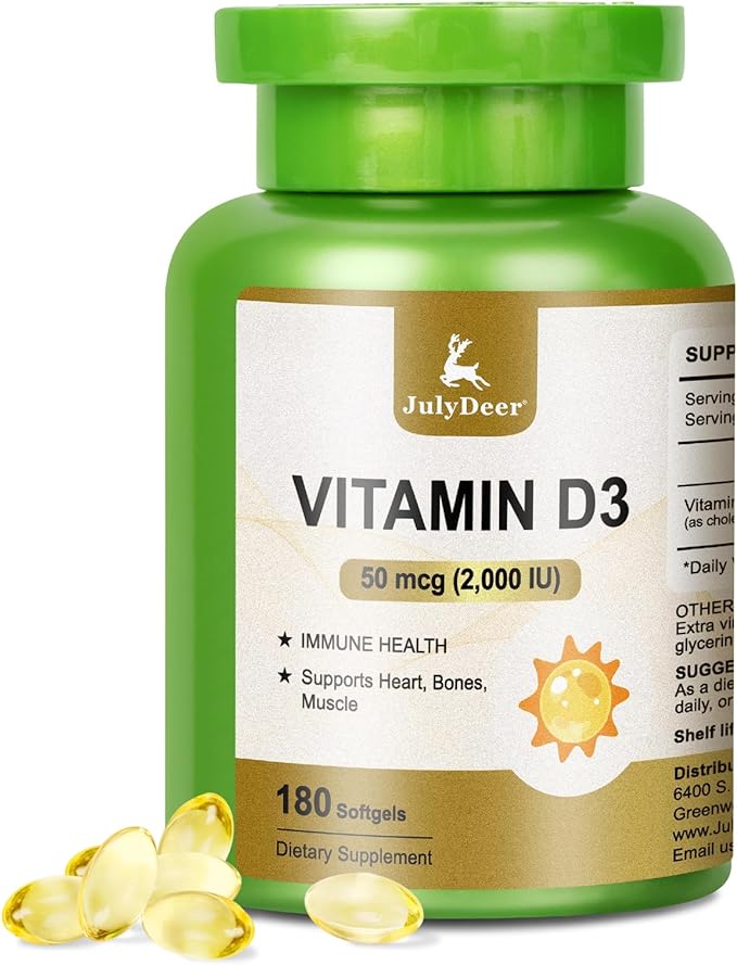 Vitamine D3 2000 UI (50 mcg) 180 gélules | Soutient la santé immunitaire, l'absorption du calcium et la solidité des os | Essentielle pour des os sains, sans gluten, 1 portion par jour pour la santé quotidienne