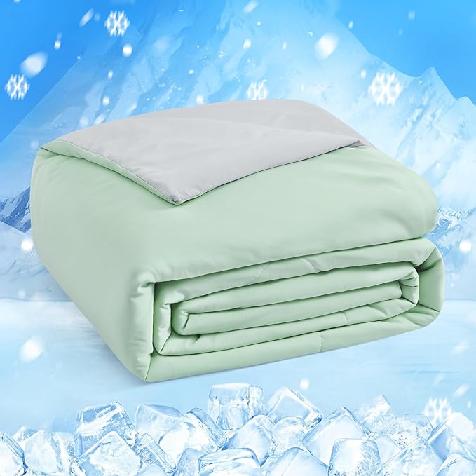 HOMFINE Cooling Comforter Japanese Double-Sided Cold Tech Fabric Cooling Blanket for Night Sweats Hot Sleepers, Q-Max 0.45 Soft Breathable Silky Smooth Lightweight, Green Summer Comforter King