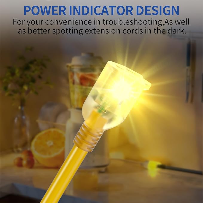10ft Outdoor/Indoor Extension Cord with Lighted 10/3 Gauge Ultra 3 Prong Heavy Duty SJTW, Waterproof, Flexible Cold-Resistant,15A 125V 1875W, Yellow