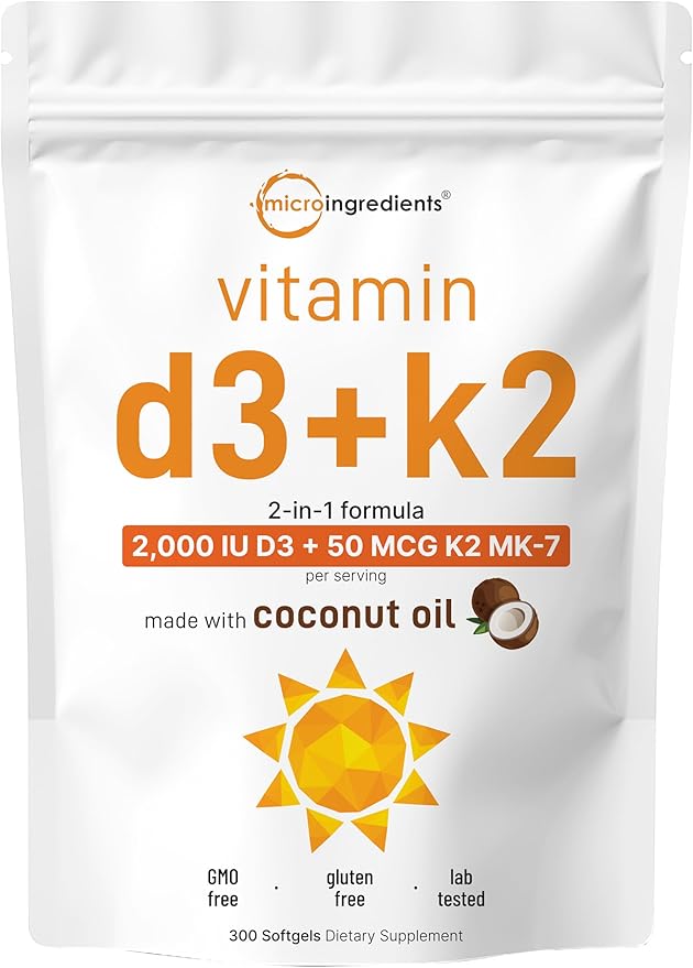 Micro Ingredients Vitamin D3 2,000 IU + K2 MK-7 50 mcg, 300 Softgels | Virgin Coconut Oil | 2-in-1 Support | Easy to Swallow, Non-GMO