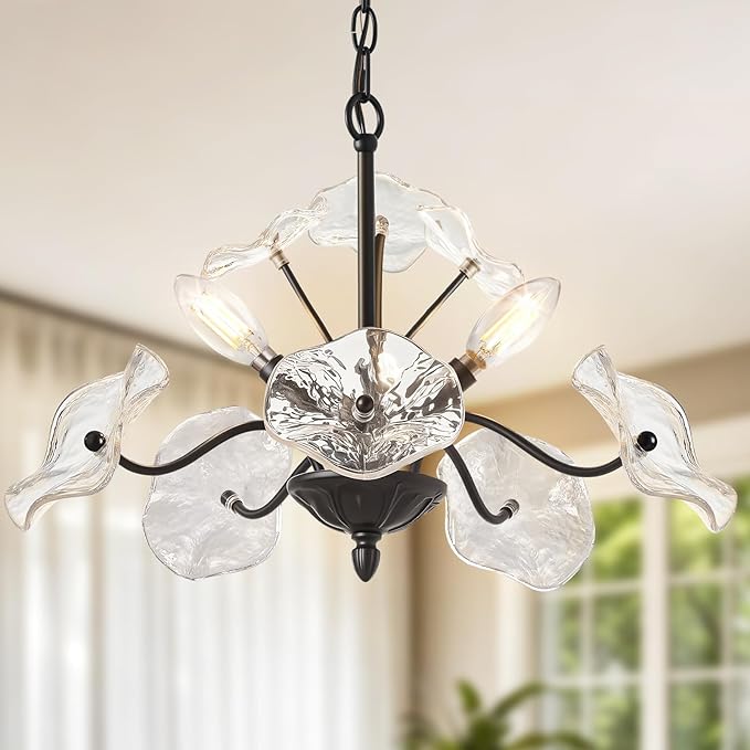 Luvkczc Black Chandelier,Vintage Flower Glass Pendant Light Fixture,Mid Century Ceiling Light Fixture for Dining Room, Kitchen, Living Room, Bedroom Hallway Porch,3 Lights