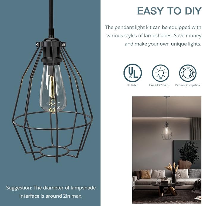 JACKYLED 2 Pack Mini Pendant Light Kit UL Vintage Socket E26 E27 Lampholder Black Woven Fabric Pendant Light Cord Adjustable Canopy Kit