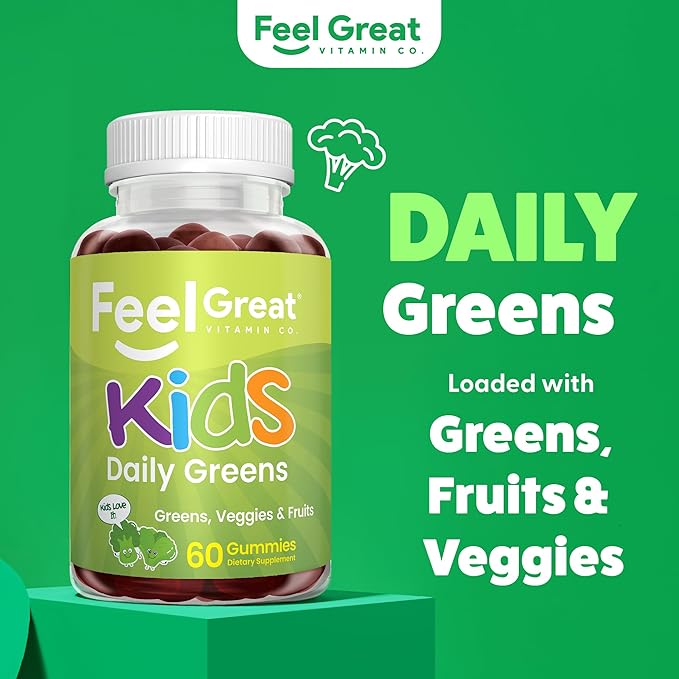 Feel Great Super Green Gummies pour enfants | Bonbons gélifiés aux fruits et légumes | Multivitamine gélifiée végétalienne pour enfants | Supplément de fibres végétales | 60 unités