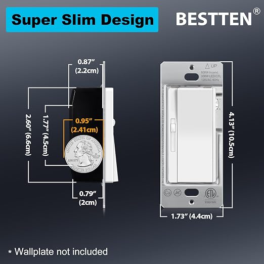 BESTTEN Super Slim Dimmer Light Switch for 300W Dimmable LED/CFL Lights and 600W Incandescent/Halogen, Single Pole/3-Way LED Slide Dimmer, ETL Listed