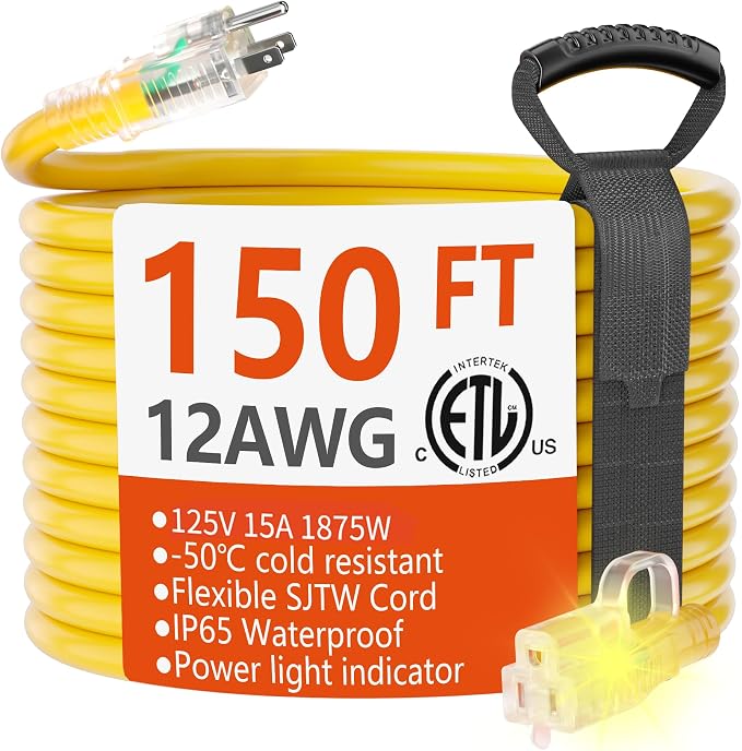 HUANCHAIN 150 ft 12/3 Gauge Outdoor Extension Cord Waterproof Heavy Duty with Lighted end, Flexible Cold-Resistant 3 Prong Electric Cord Outside, 15Amp 1875W 12AWG SJTW, Yellow, ETL