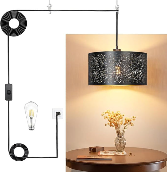 Qingmiao Plug in Pendant Light, Hanging Lamp Plug in with LED Bulb, 3-Way Dimmable Hanging Light Fixture for Living Room Bedroom Kitchen Ceiling Farmhouse Home Decor
