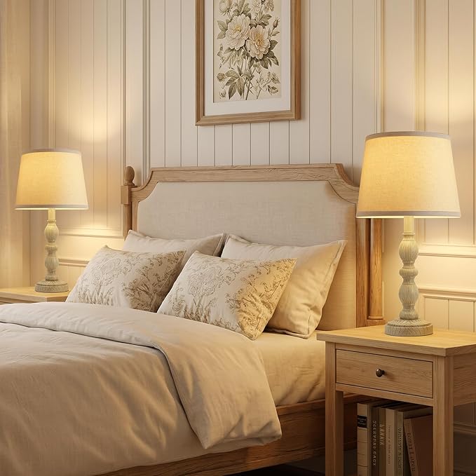 GyroVu 20.5" Table Lamps for Nightstand Set of 2, Farmhouse Lamps for Bedroom, Small Desk Lamps for Living Room, Linen Shades, Knob Switch, Bedside Lamps for Reading, Office(Creamy White)