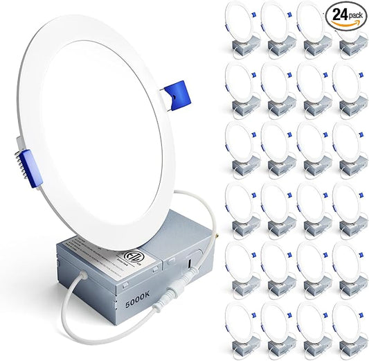 Ensenior 24 Pack 6 Inch LED Recessed Ceiling Light, Dimmable, 5000K Daylight, 1050LM 12W 120V, High Brightness Canless Wafer Downlight - ETL&FCC&IC