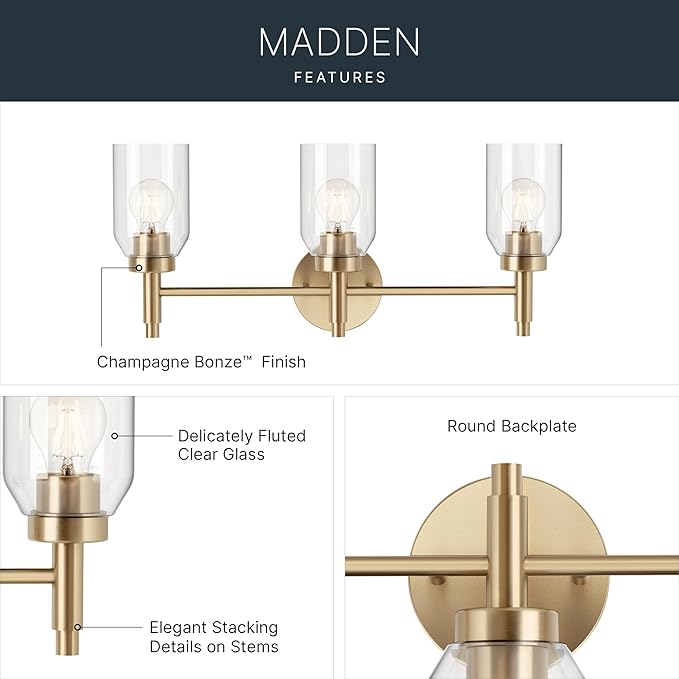 Kichler Madden 3-Light Bathroom Vanity Light Fixture with Clear Glass in Champagne Bronze, Modern Wall Mount Lighting for Single Vanity Mirror (10.5" x 24"), 55185CPZ