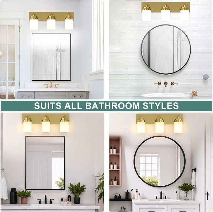 IZORRO Bathroom Vanity Light Fixture, 3-Light 22 Inch Gold Bathroom Light Fixtures Over Mirror, with White Glass Shade, Modern Farmhouse Vanity Lights, Rustic Restroom Lighting Fixtures