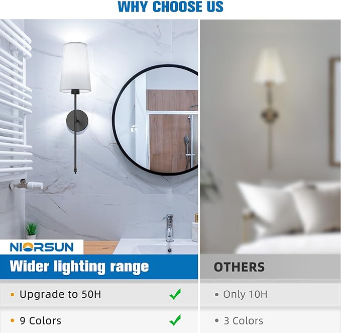 NIORSUN Black Battery Operated Wall Sconce Set of 2,Rechargeable Wall Lights with 10400mAh Dimmable Detachable Bulbs and Remote,9 Colors Wireless Sconces for Bedroom Living Room Hallway