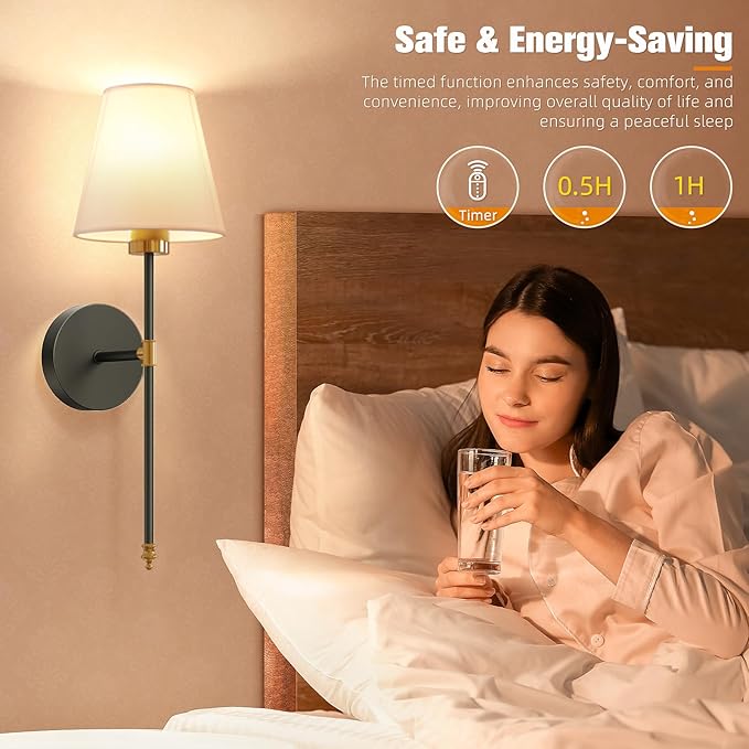 NIORSUN Battery Operated Wall Sconce Set of 2,Gold-Black Rechargeable Wall Lights with 10400mAh Dimmable Bulbs and Remote,9 Colors Wireless Wall Lamps for Bedroom Living Room Hallway Decor