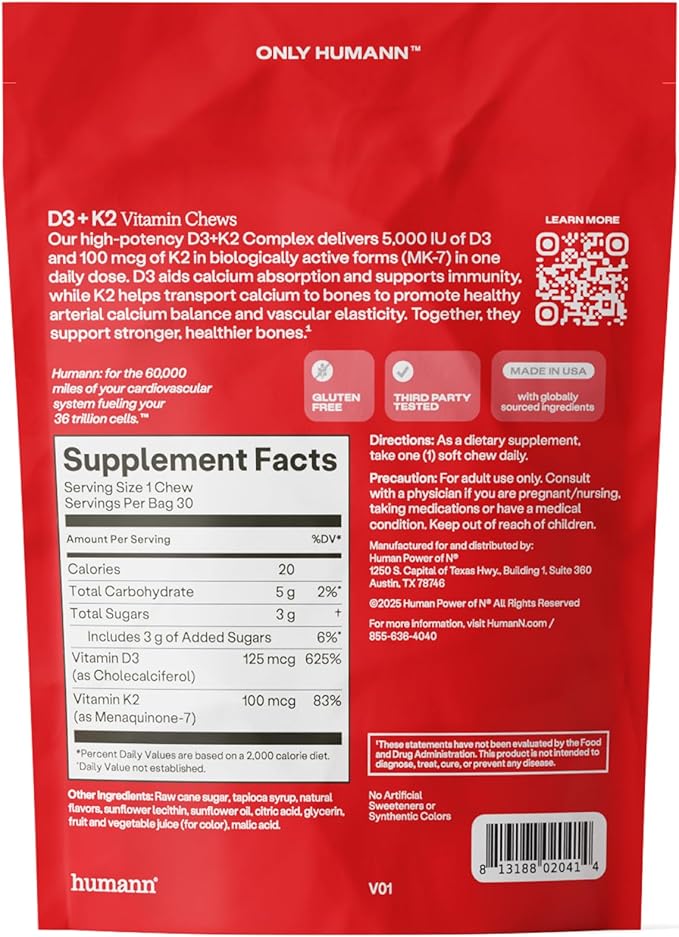 Humann ビタミンD3 + K2チュアブル - 高含有量ビタミンD 5000IU (125mcg) 気分、免疫、心臓血管、呼吸器、骨の健康をサポート、ミックスベリー味、30粒入り (2個パック)