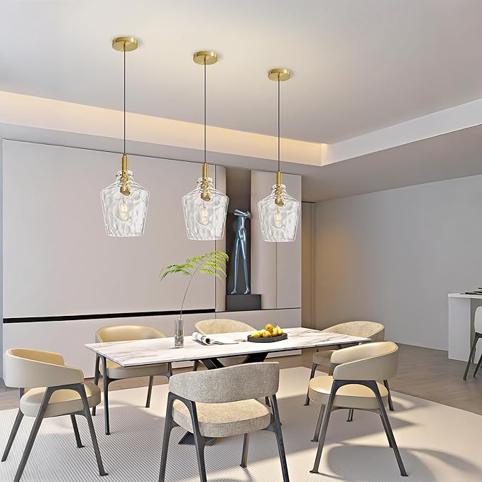 Modern Hammered Glass Pendant Lighting for Kitchen Island 1 Pack, Farmhouse Gold Pendant Light Fixtures, Height Adjustable Ceiling Pendant Light, 8 Inch