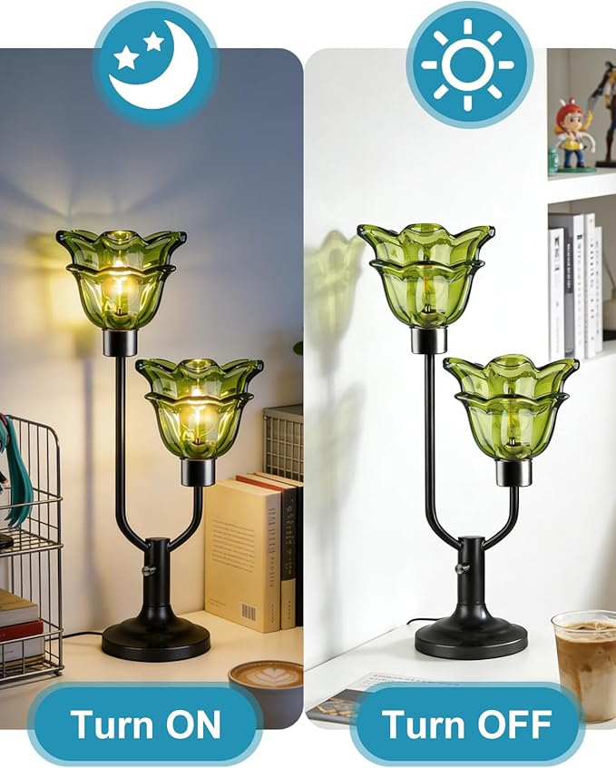 Lightdot Green Glass Flower Table Lamp Dimmable Nightstand Lamp Mid Century Modern Vintage Black Desk Lamp 2 Bulbs Included Warmwhite Ambient Bedside Lamp for Living Room Bedroom Home Office Decor