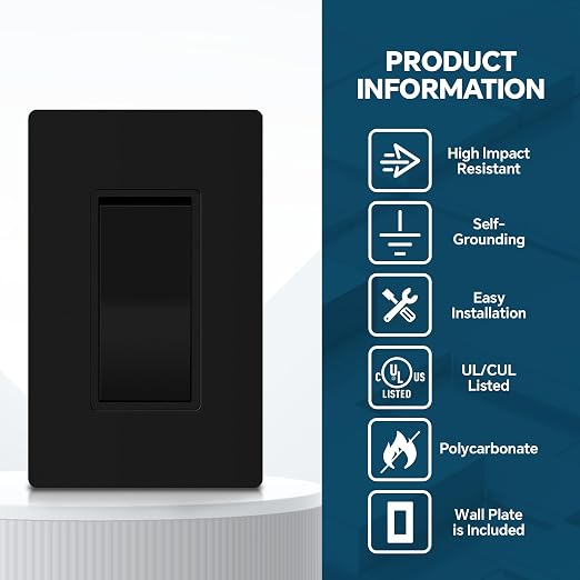 ThunderWay Matte Black Single Pole Decorator Light Switch with Screwless Wall Plate, 15 A 120/277 V, ON/Off Rocker Paddle Interrupter, Self-Grounding, Residential Grade,UL Listed (30 Pack)