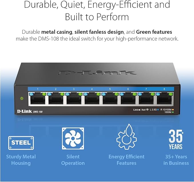 D-Link 8-Port 2.5GB Unmanaged Gaming Switch with 8 x 2.5G - Multi-Gig, Desktop or Wall Mount, Silent Operation, Plug & Play, Follows NDAA/TAA, (DMS-108), Ethernet Splitter, Multi-Gigabit Network