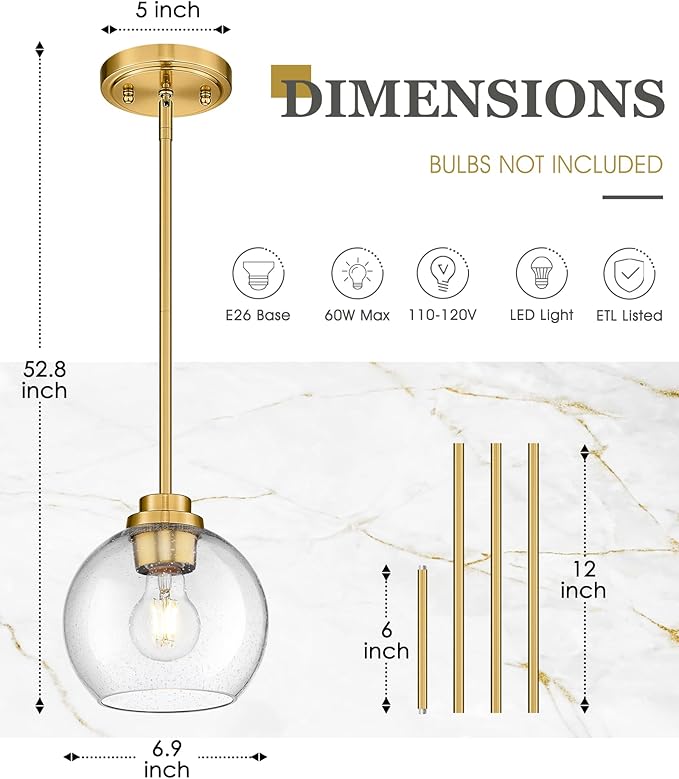Pendant Lights Kitchen Island, 7" Modern Brushed Gold Hanging Lights Fixtures with Clear Seeded Glass Globe Shade, Kitchen Island Lighting for Bathroom, AD-22280-1P-GD-S