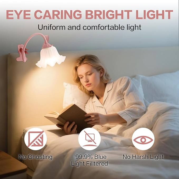 Clip On Light and Flower Bedside Table Lamp, Flexible Gooseneck Reading Book Light with 3 Color Modes, Night Light for Kids Nursery, Clip on for Desk, Bed Headboard, Dorm (Pink)