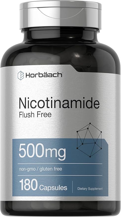 Horbäach Nicotinamide 500mg | 180 Gélules | Complément Alimentaire Sans Rougeurs | Vitamine Sans OGM et Sans Gluten
