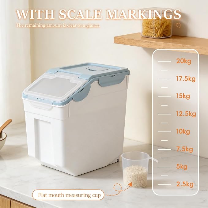 Rice Storage Container 55 lbs, Airtight Flour Storage Container w/ 6 Snaps & Silicone Seal, Slanted Open & Clear Lid, 2 Wheels for Easy Move,Food & Cereal Storage,Cooking 2-Pack w/ Measuring Cup Blue